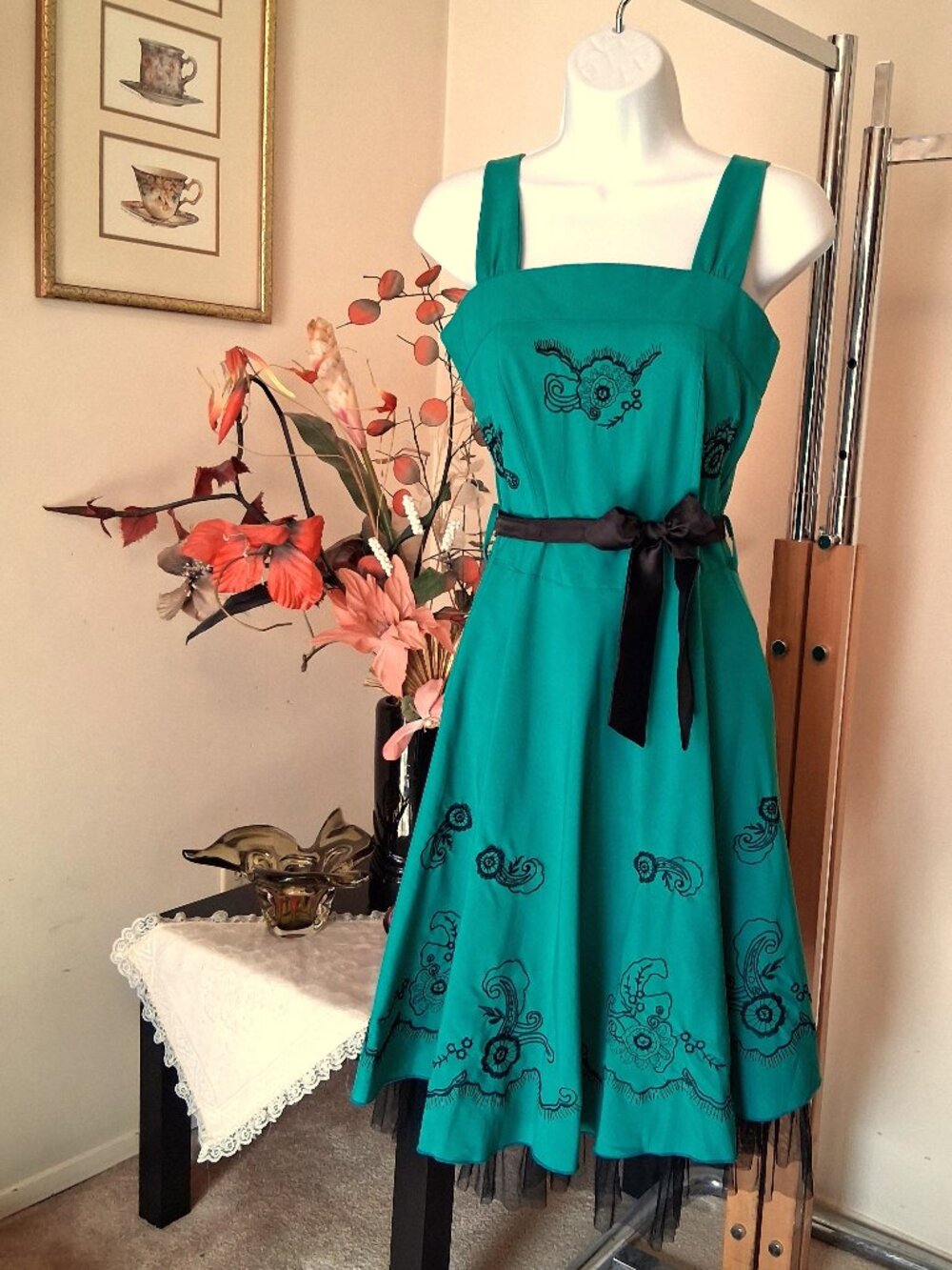 Embroidery Lined Midi Green Summer Dress Cocktail Tiered Party Dresses 2